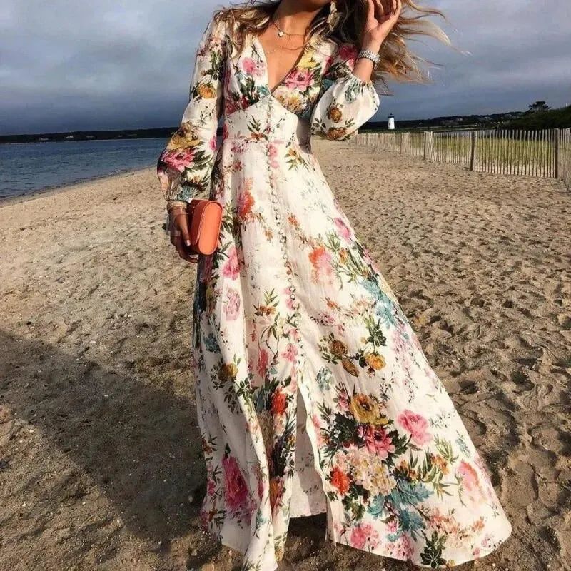 Evelyn | Women’s Boho Floral Long Sleeve Autumn Maxi Dress