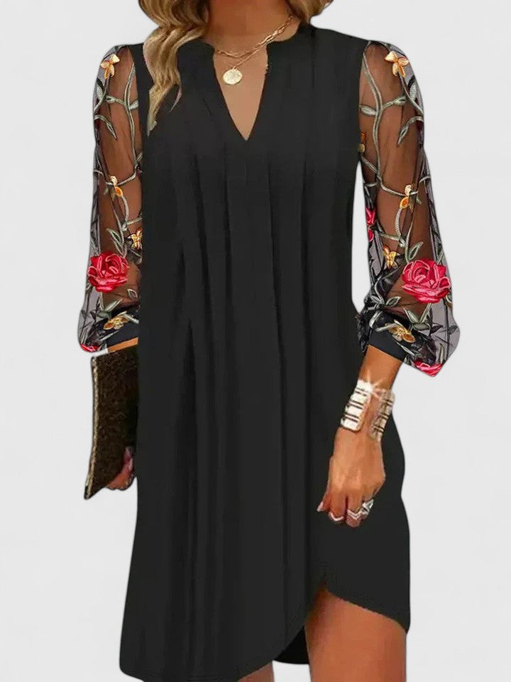 Donna | Women's V-Neck Mini Dress with Sheer Long Sleeves