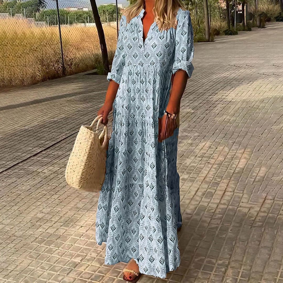 Harper | Women's V-Neck Long-Sleeve Printed Maxi Dress with Roll-Up Sleeves