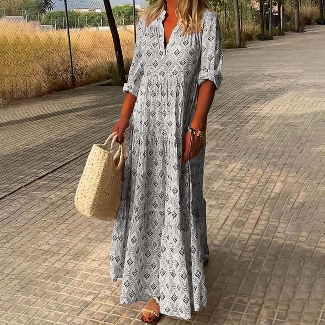 Harper | Women's V-Neck Long-Sleeve Printed Maxi Dress with Roll-Up Sleeves