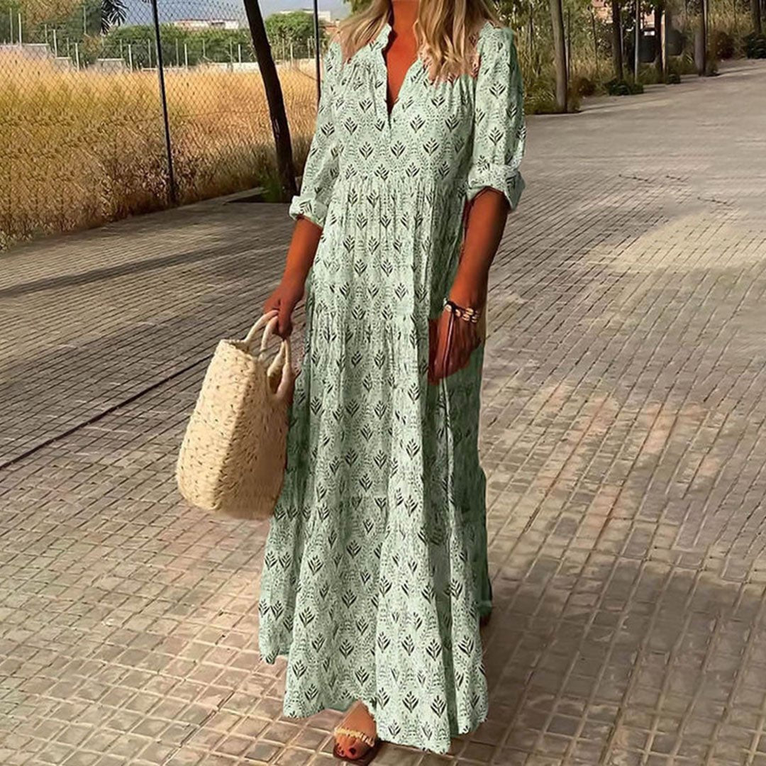 Harper | Women's V-Neck Long-Sleeve Printed Maxi Dress with Roll-Up Sleeves