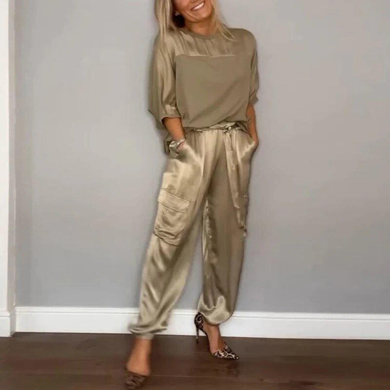 Charlotte | Women's Plus Size Two Piece Cargo Pants Set With Drawstring Waist