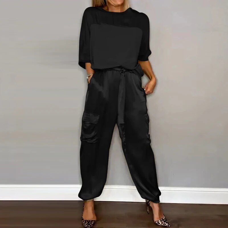 Charlotte | Women's Plus Size Two Piece Cargo Pants Set With Drawstring Waist