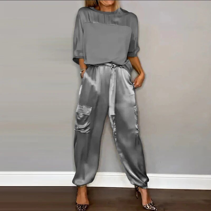 Charlotte | Women's Plus Size Two Piece Cargo Pants Set With Drawstring Waist