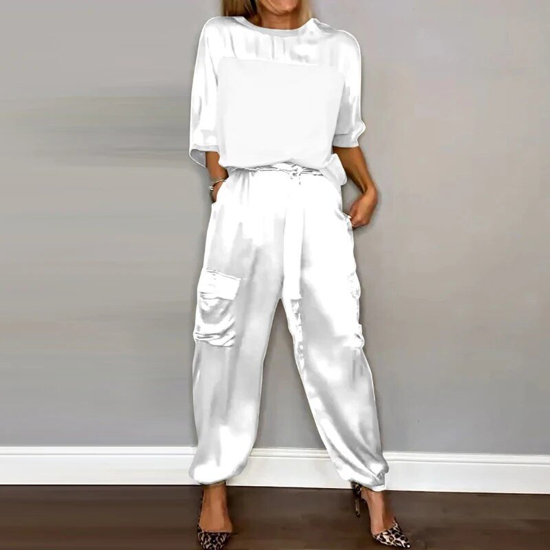 Charlotte | Women's Plus Size Two Piece Cargo Pants Set With Drawstring Waist